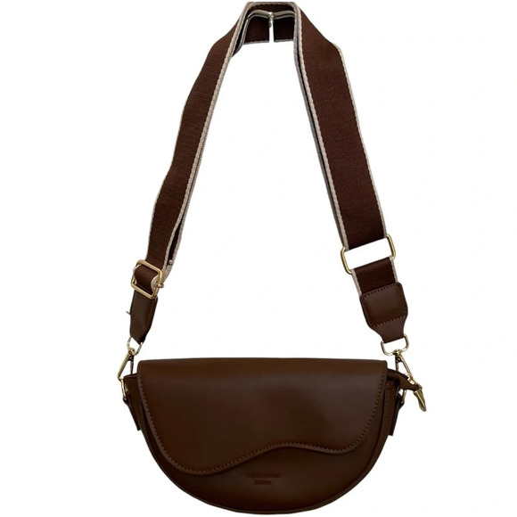 Vegan Leather Crescent Shoulder handbag with Adjustable Guitar Strap Brown - Picture 2 of 10